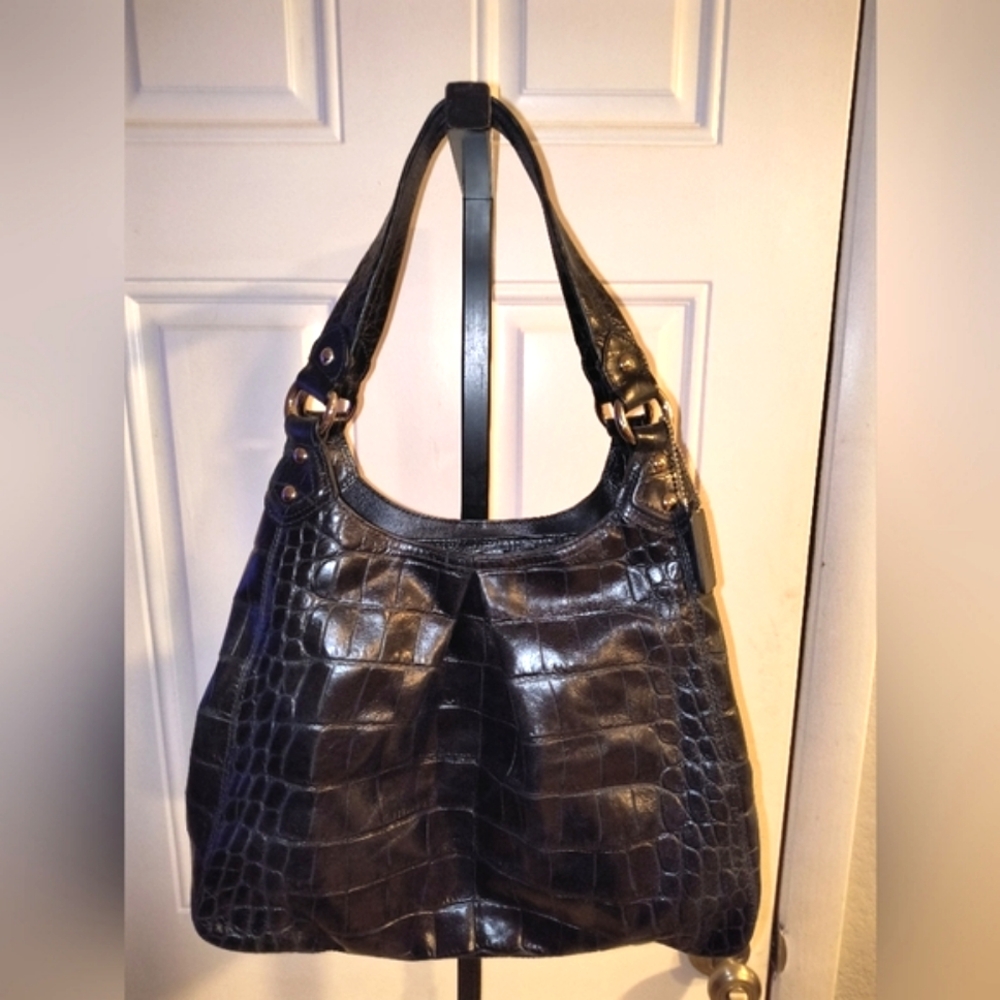 COACH Black Croc-Embossed Leather Maggie 2-Strap Purse Handbag EXC